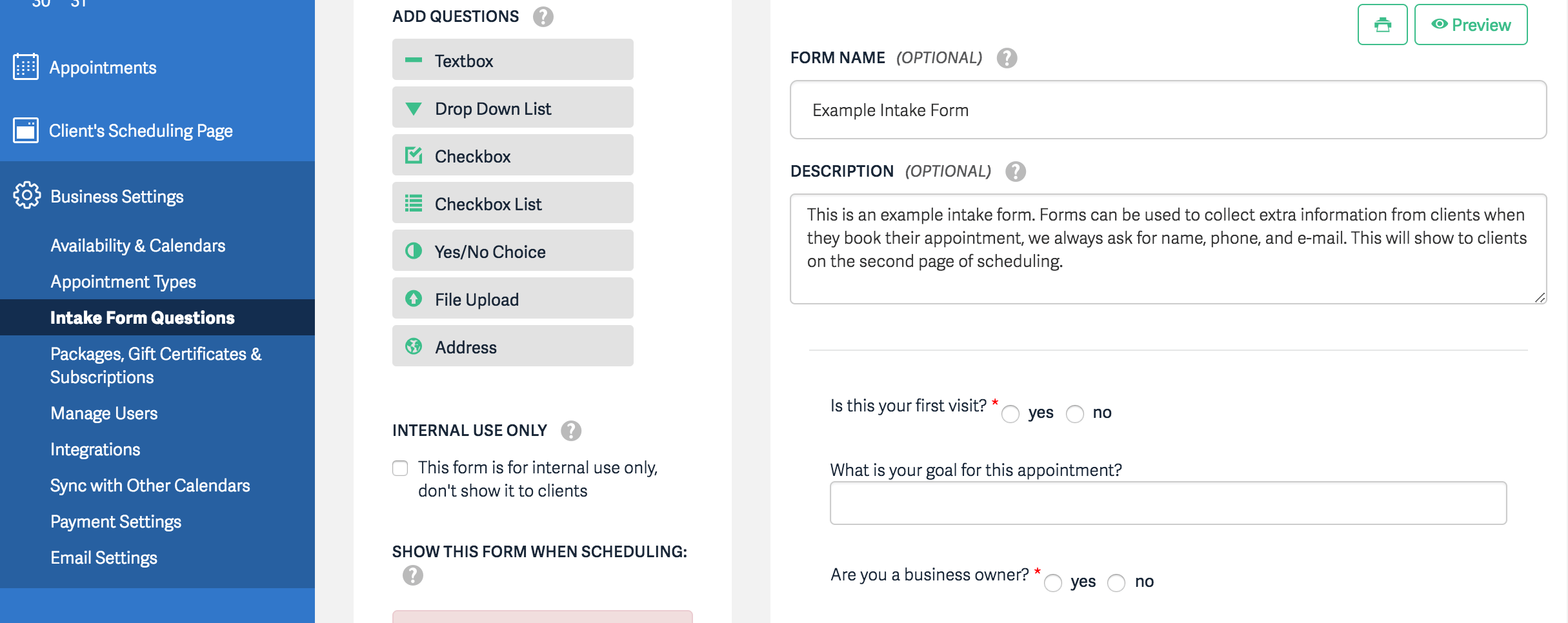 Acuity Scheduling Intake Form questions