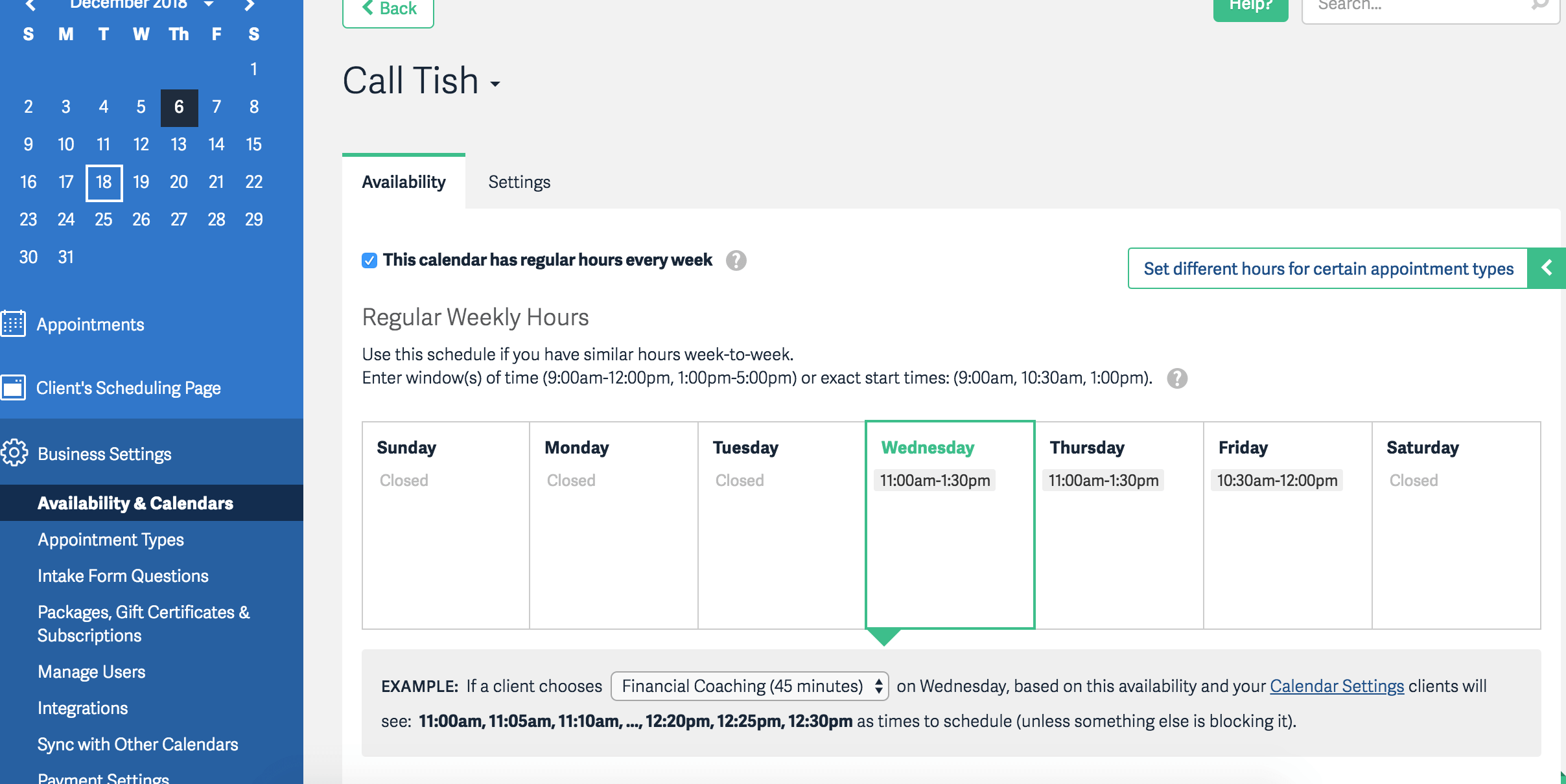 acuity scheduling calendar settings