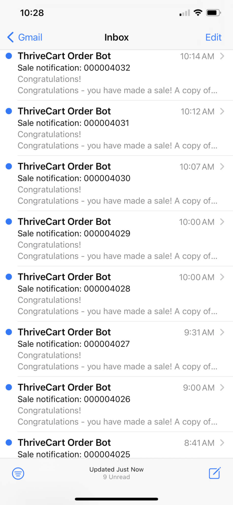 screenshot of thrive cart payment notifications
